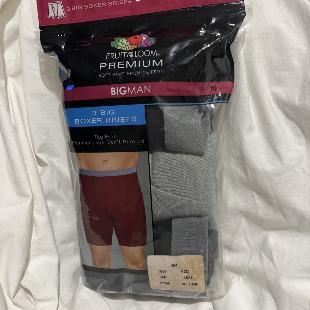 Fruit of the Loom Premium Big Boxer Briefs Men 3XB Grey/Blk Cotton 3 Pack NEW